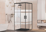 Mampara de ducha negra en esquina 2 fijos + 2 puertas correderas. Sin perfil inferior. Serigrafía Galones. Antical. Black. (Privilege Series)