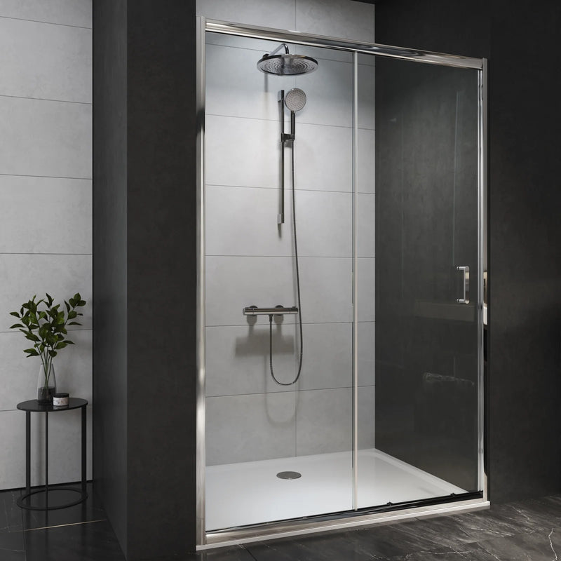 Mampara de ducha Frontal 1 fijo + 1 puerta corredera. Transparente. (Besik Series).