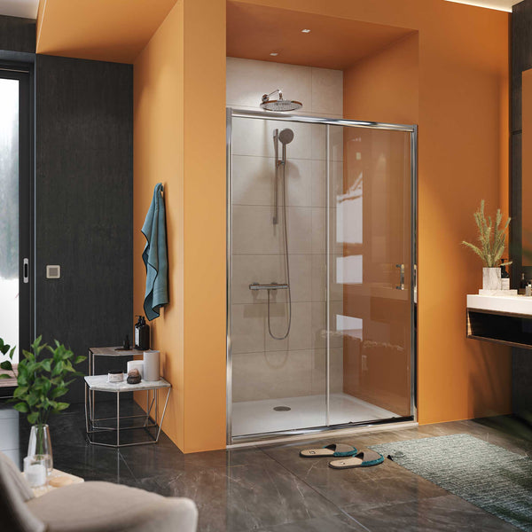 Mampara de ducha Frontal 1 fijo + 1 puerta corredera. Transparente. Antical. (Concept Series).