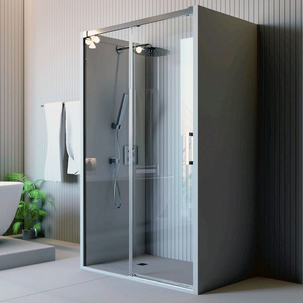Mampara de ducha en esquina 2 fijos + 2 puertas correderas. Sin perfil –  Akuova